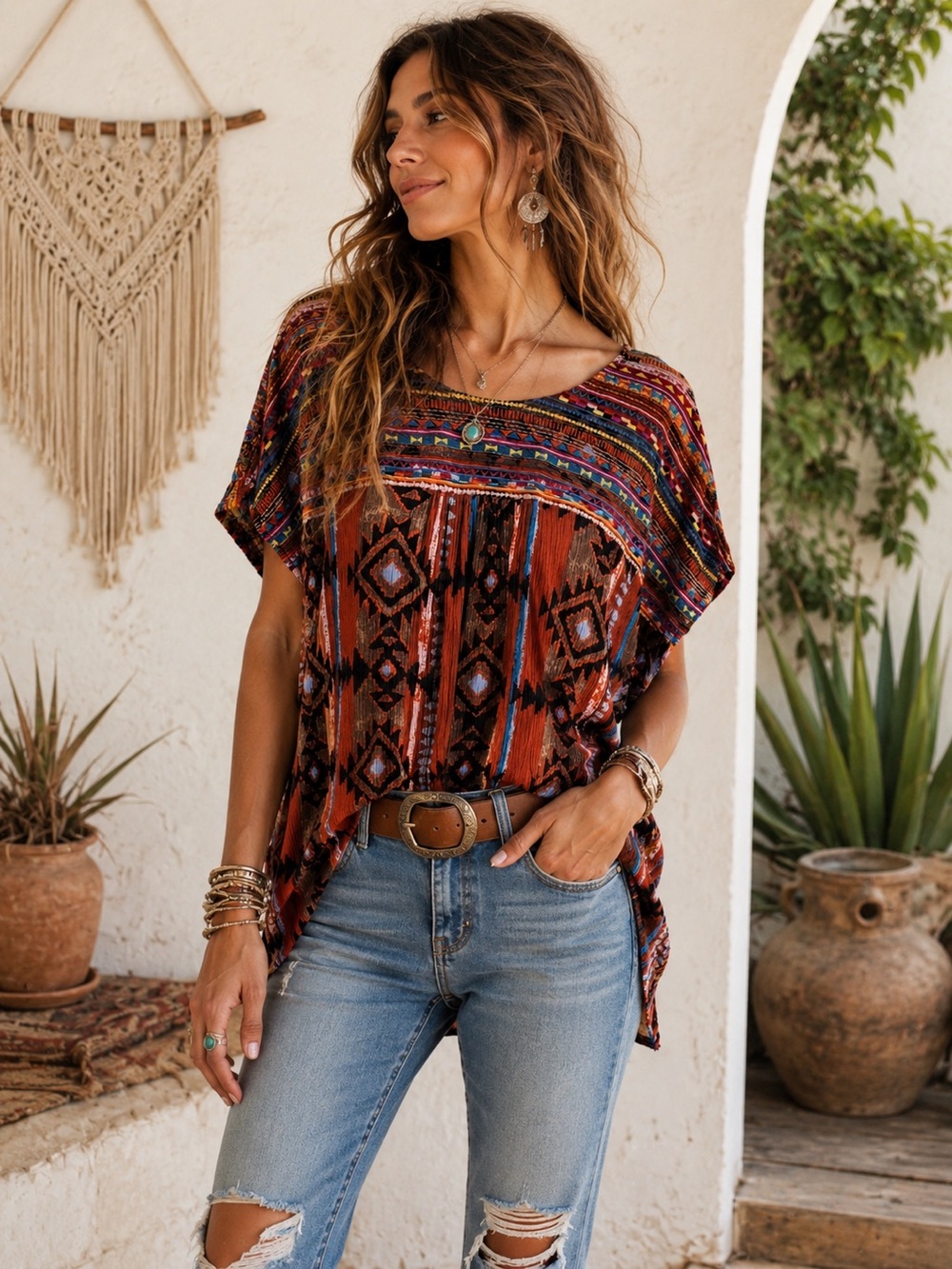 Savanna Jane Women’s Multicolor Aztec-Print Short Sleeve Tunic Rust Blue S/M